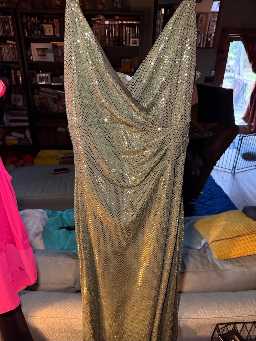 St. John Metallic Gold Sequin V-Neck Evening Gown
